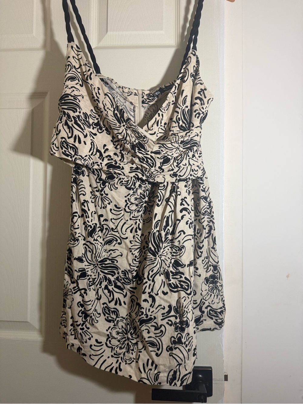 Zara Women's Black and Cream Floral wrap romper